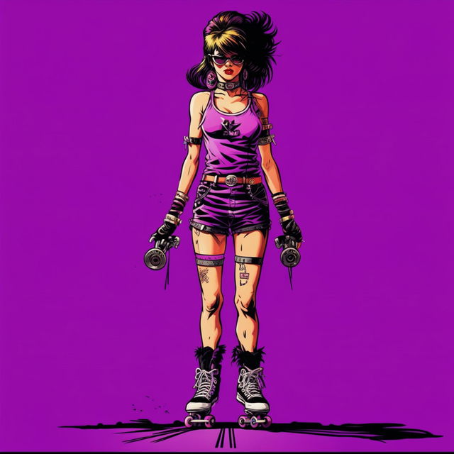 Modify the previous image to depict a 2000s era punk girl standing with roller skates on, enhanced by purple hues, in vintage comic book art style