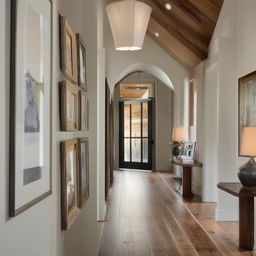 A beautiful hallway featuring rustic hardwood floors and a gallery wall. The scene exudes aesthetic warmth and architectural elegance.