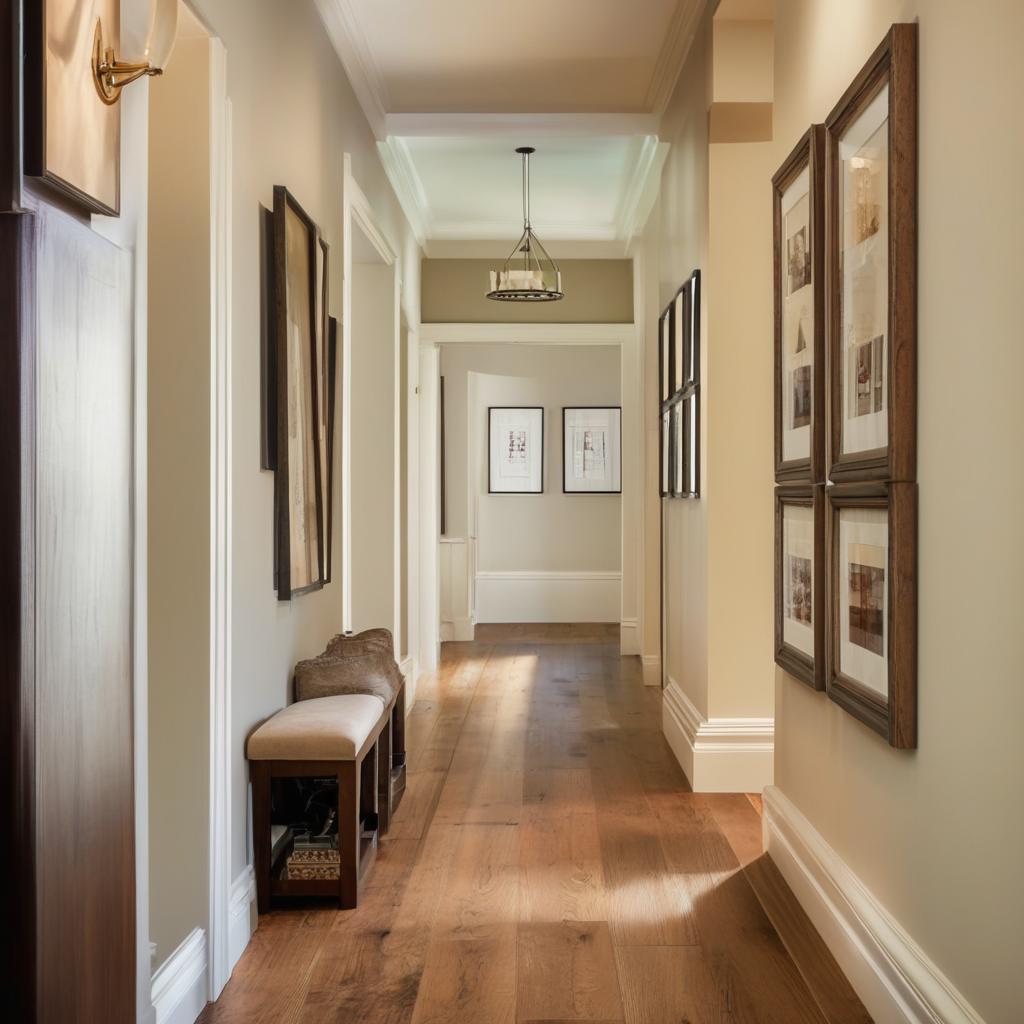 A beautiful hallway featuring rustic hardwood floors and a gallery wall. The scene exudes aesthetic warmth and architectural elegance.