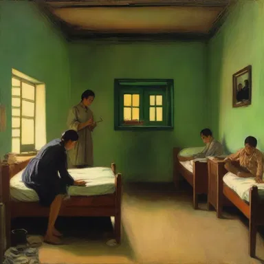 The painting depicted a dormitory scene with a teacher conducting a nightly bed check.