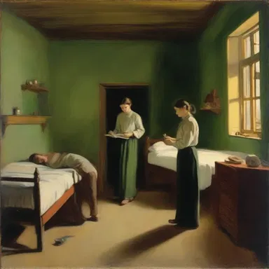 The painting depicted a dormitory scene with a teacher conducting a nightly bed check.