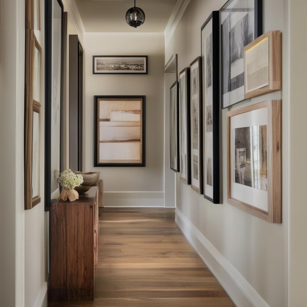 A beautiful hallway featuring rustic hardwood floors and a gallery wall. The scene exudes aesthetic warmth and architectural elegance.