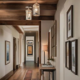 A beautiful hallway featuring rustic hardwood floors and a gallery wall. The scene exudes aesthetic warmth and architectural elegance.