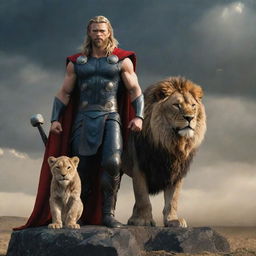 Thor, the Norse god of thunder, standing boldly with a majestic, imposing lion by his side