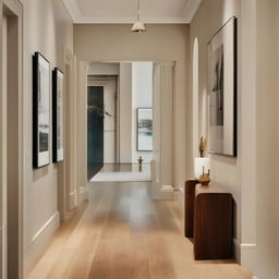 A beautiful hallway with polished hardwood floors and a gallery wall, minimally adorned for an elegant minimalist aesthetic. The scene showcases sublime architectural photography.