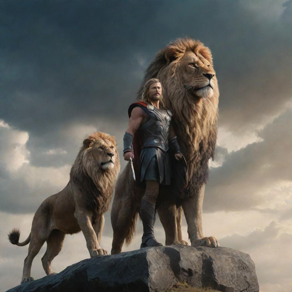 Thor, the Norse god of thunder, standing boldly with a majestic, imposing lion by his side