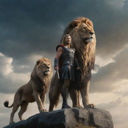 Thor, the Norse god of thunder, standing boldly with a majestic, imposing lion by his side