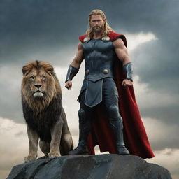 Thor, the Norse god of thunder, standing boldly with a majestic, imposing lion by his side