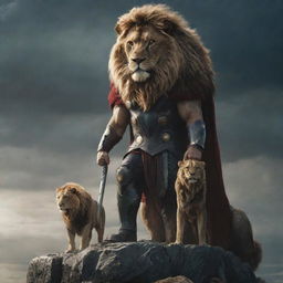 Thor, the Norse god of thunder, standing boldly with a majestic, imposing lion by his side