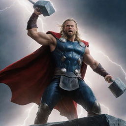 Thor, the Norse god of thunder, fully armed with his heavy hammer, Mjolnir, his body engulfed in a surge of brilliant lightning and booming thunder