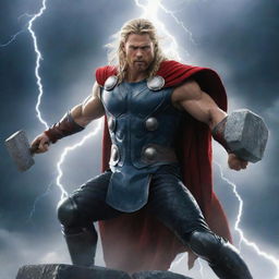 Thor, the Norse god of thunder, fully armed with his heavy hammer, Mjolnir, his body engulfed in a surge of brilliant lightning and booming thunder