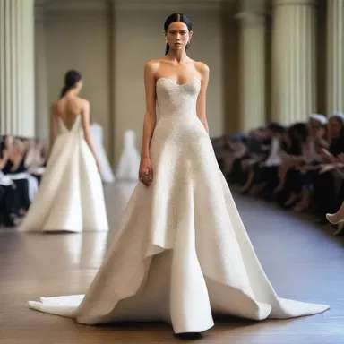 The designer showcased a unique derivative of the traditional wedding dress, featuring unconventional fabric and modern cuts.