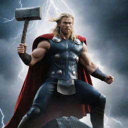 Thor, the Norse god of thunder, fully armed with his heavy hammer, Mjolnir, his body engulfed in a surge of brilliant lightning and booming thunder