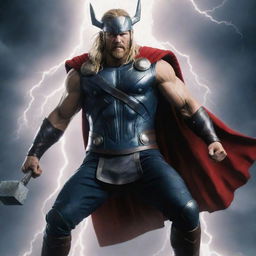 Thor, the Norse god of thunder, fully armed with his heavy hammer, Mjolnir, his body engulfed in a surge of brilliant lightning and booming thunder