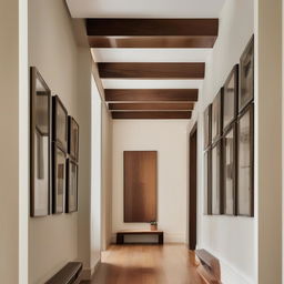 A beautiful hallway with polished hardwood floors and a gallery wall, minimally adorned for an elegant minimalist aesthetic. The scene showcases sublime architectural photography.