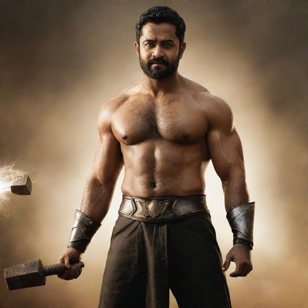 Junior NTR, the Telugu film actor, styled in the powerful avatar of Thor, complete with the heavy hammer and lightning effects