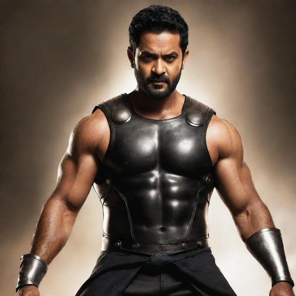 Junior NTR, the Telugu film actor, styled in the powerful avatar of Thor, complete with the heavy hammer and lightning effects