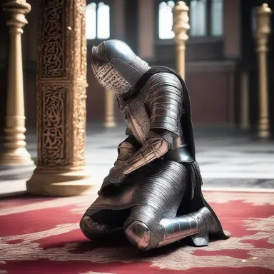 The armor-clad knight knelt before the altar, seeking divine protection before battle.