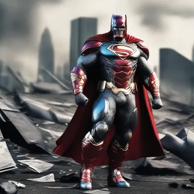 The superhero emerged from the wreckage, armor-clad and ready to confront the villain.