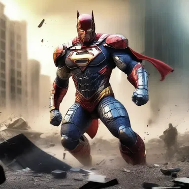 The superhero emerged from the wreckage, armor-clad and ready to confront the villain.
