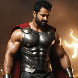 Junior NTR, the Telugu film actor, styled in the powerful avatar of Thor, complete with the heavy hammer and lightning effects