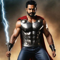 Junior NTR, the Telugu film actor, styled in the powerful avatar of Thor, complete with the heavy hammer and lightning effects