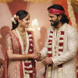 Prabhas, the Indian film actor, and Anushka, the Indian film actress, in a grand traditional Indian wedding scene, exchanging vows while dressed in stunning wedding attire