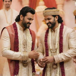 Prabhas, the Indian film actor, and Anushka, the Indian film actress, in a grand traditional Indian wedding scene, exchanging vows while dressed in stunning wedding attire