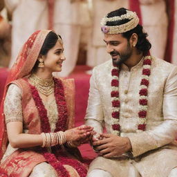 Prabhas, the Indian film actor, and Anushka, the Indian film actress, in a grand traditional Indian wedding scene, exchanging vows while dressed in stunning wedding attire