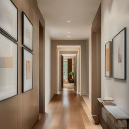 A beautiful hallway with polished hardwood floors and a gallery wall, minimally adorned for an elegant minimalist aesthetic. The scene showcases sublime architectural photography.