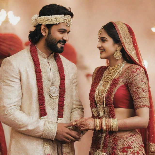 Prabhas, the Indian film actor, and Anushka, the Indian film actress, in a grand traditional Indian wedding scene, exchanging vows while dressed in stunning wedding attire