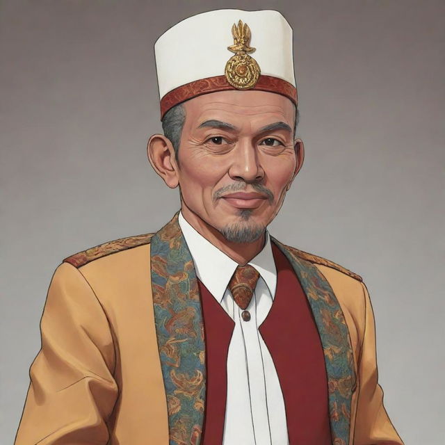 Tan Malaka, a prominent Indonesian nationalist, redesigned in anime style with vibrant colors and detailed features.