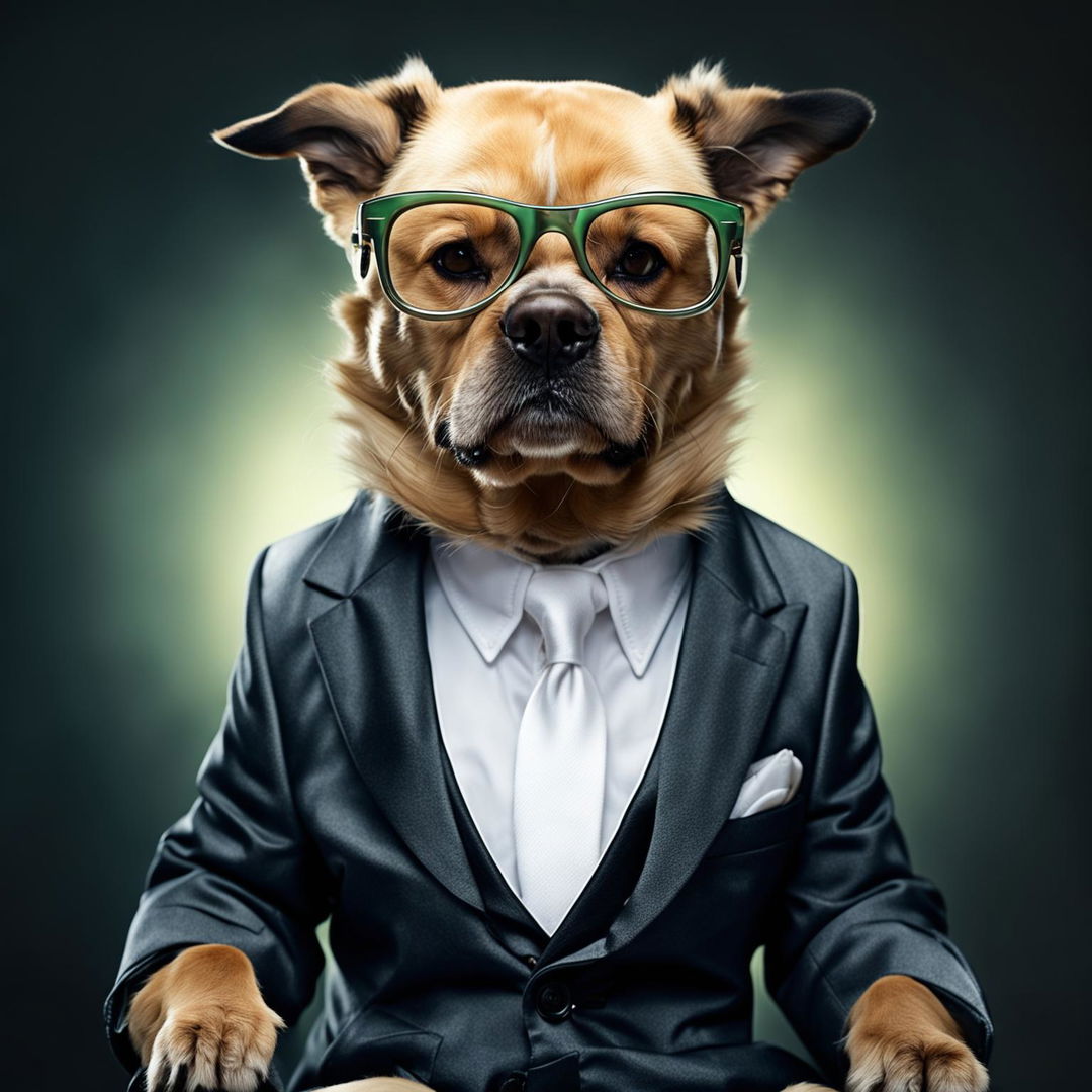 A playful dog wearing a stylish suit and sunglasses