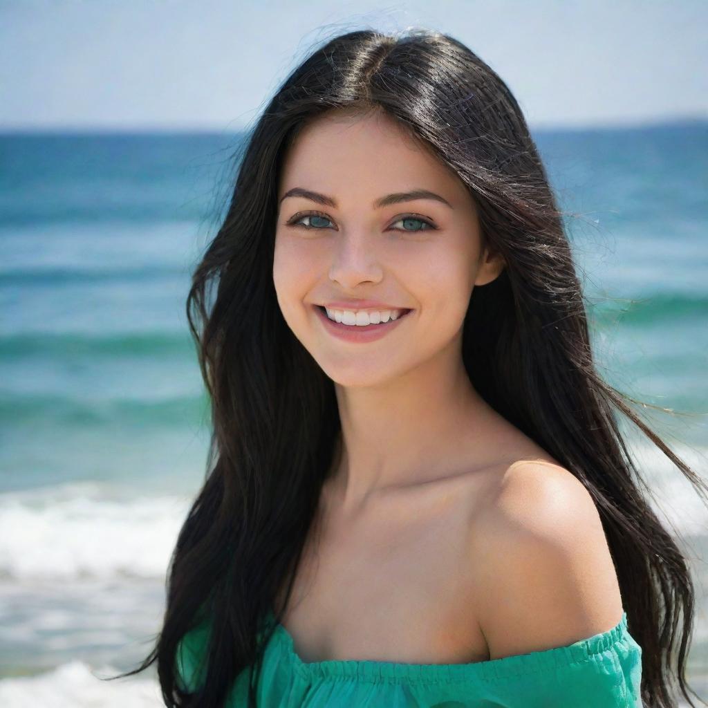 A girl with long, shiny black hair and captivating ocean-green eyes, radiating a sweet smile and possessing a fair complexion. Her proportions are nicely balanced, indicating a healthy body.