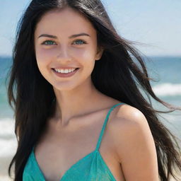 A girl with long, shiny black hair and captivating ocean-green eyes, radiating a sweet smile and possessing a fair complexion. Her proportions are nicely balanced, indicating a healthy body.