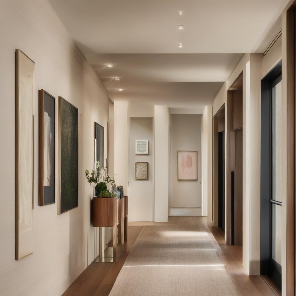 A beautiful hallway with polished hardwood floors and a gallery wall, minimally adorned for an elegant minimalist aesthetic. The scene showcases sublime architectural photography.