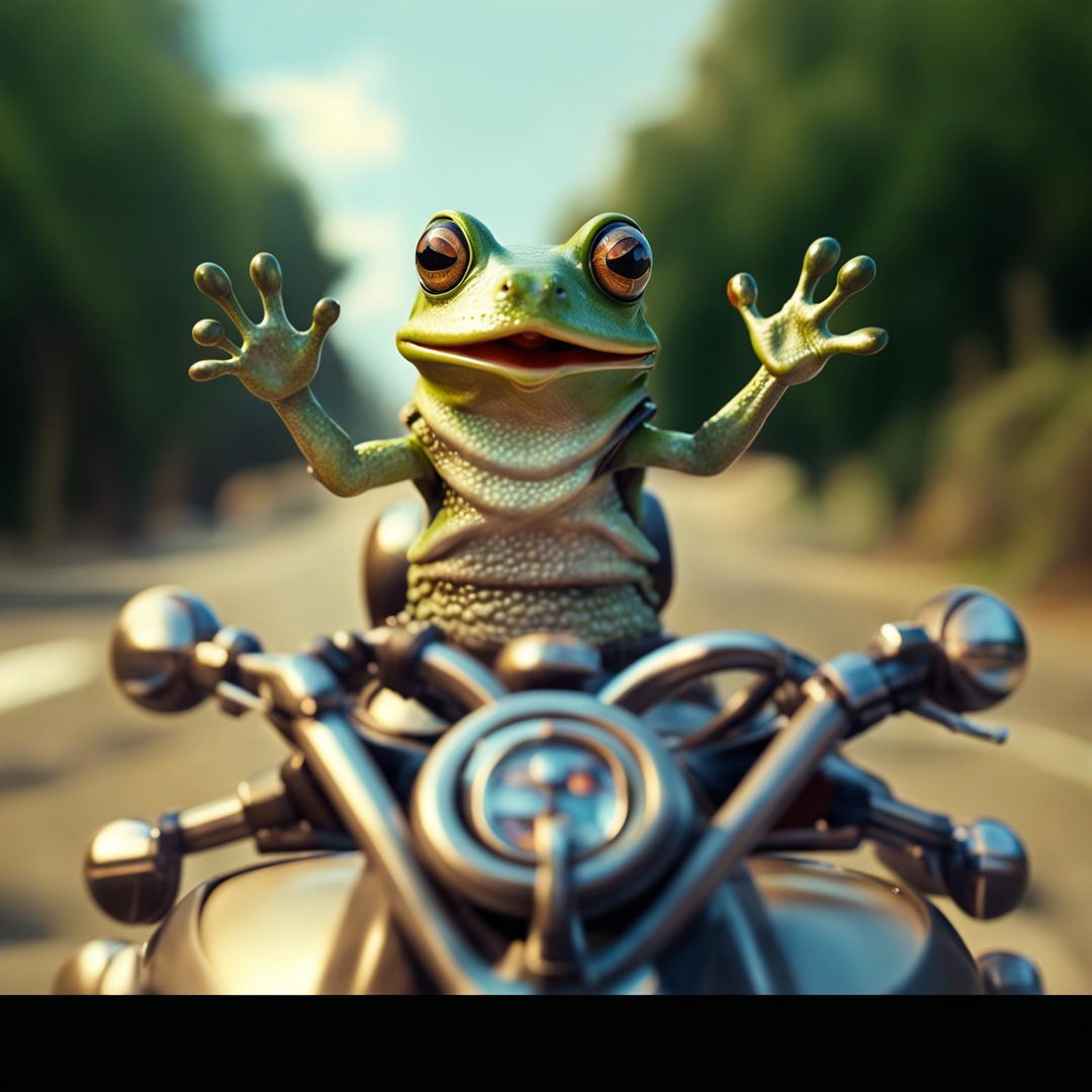 A startled frog clapping its tiny hands, riding an impressive motorcycle