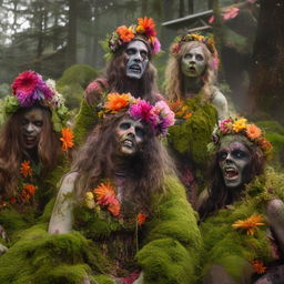 A group of zombies adorned with floral headpieces, their bodies partially covered in vibrant moss and multicoloured flowers blooming from their bodies.