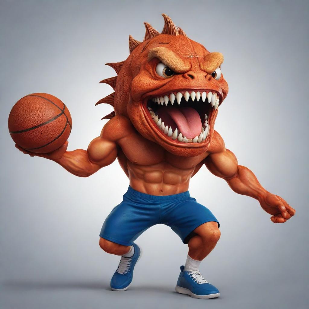 A basketball mascot with a fierce piranha head and a muscular body full of energy and vigour.