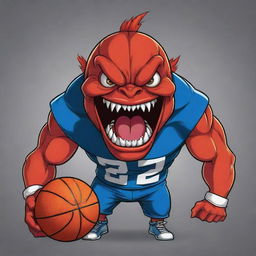 A basketball mascot with a fierce piranha head and a muscular body full of energy and vigour.