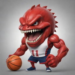 A basketball mascot with a fierce piranha head and a muscular body full of energy and vigour.