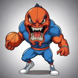 A basketball mascot with a fierce piranha head and a muscular body full of energy and vigour.