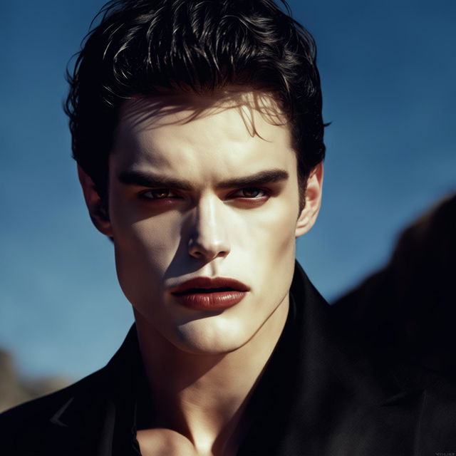 Edward from Twilight with skin glistening like diamonds in the sunlight. A mesmerizing vampiric aura surrounds him, framed within a sophisticated Vogue photo editorial shot.