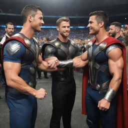 Cristiano Ronaldo, styled as Thor avatar, meeting Chris Hemsworth's Thor. Both are impeccably characterized as the Norse god of thunder, their hammers in hand and lightning illuminating the scene