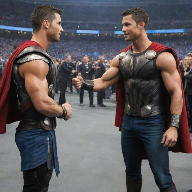 Cristiano Ronaldo, styled as Thor avatar, meeting Chris Hemsworth's Thor. Both are impeccably characterized as the Norse god of thunder, their hammers in hand and lightning illuminating the scene