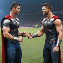 Cristiano Ronaldo, styled as Thor avatar, meeting Chris Hemsworth's Thor. Both are impeccably characterized as the Norse god of thunder, their hammers in hand and lightning illuminating the scene