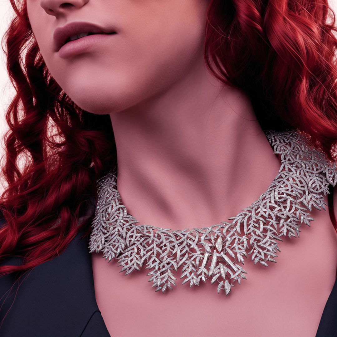 A red-haired woman wearing a diamond necklace with a focus on the remarkably detailed diamond