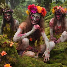 A group of zombies adorned with floral headpieces, their bodies partially covered in vibrant moss and multicoloured flowers blooming from their bodies.