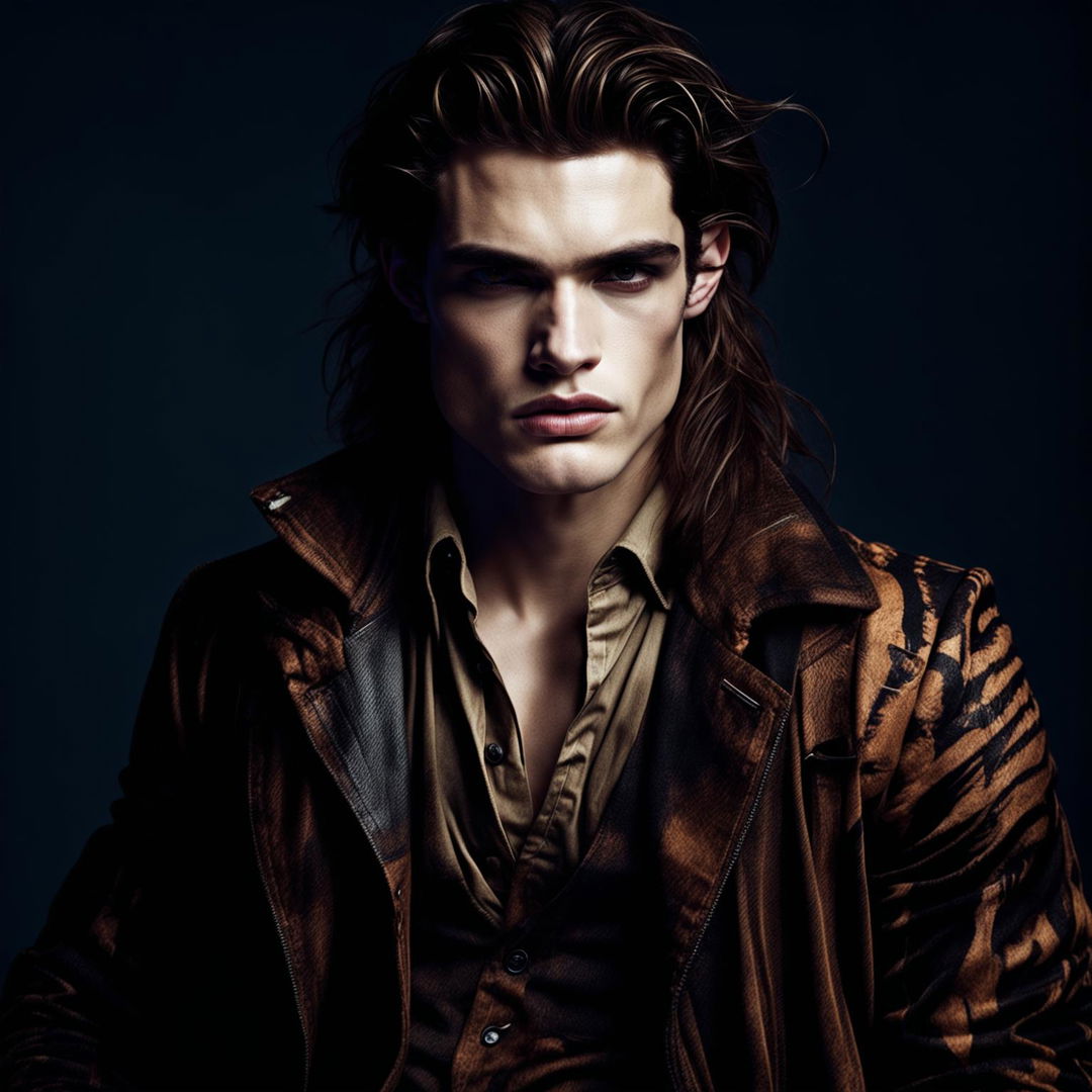 Create a stunning and high-fashion portrait of Jacob from Twilight, emphasizing his captivatingly rugged handsomeness and animalistic charm. The image should have the quality of a sophisticated Vogue photo editorial.