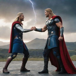 Cristiano Ronaldo thrust into Asgard as Thor, meeting Chris Hemsworth's Thor. The footballer's lightning-fast skills meet the thunderous might of the god of thunder, creating a cosmic spectacle of resilience, teamwork, and unexpected alliances